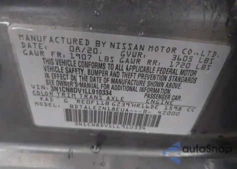 2020 Nissan Versa S Xtronic Cvt from USA, damaged, VIN 3N1CN8DV1LL910334
